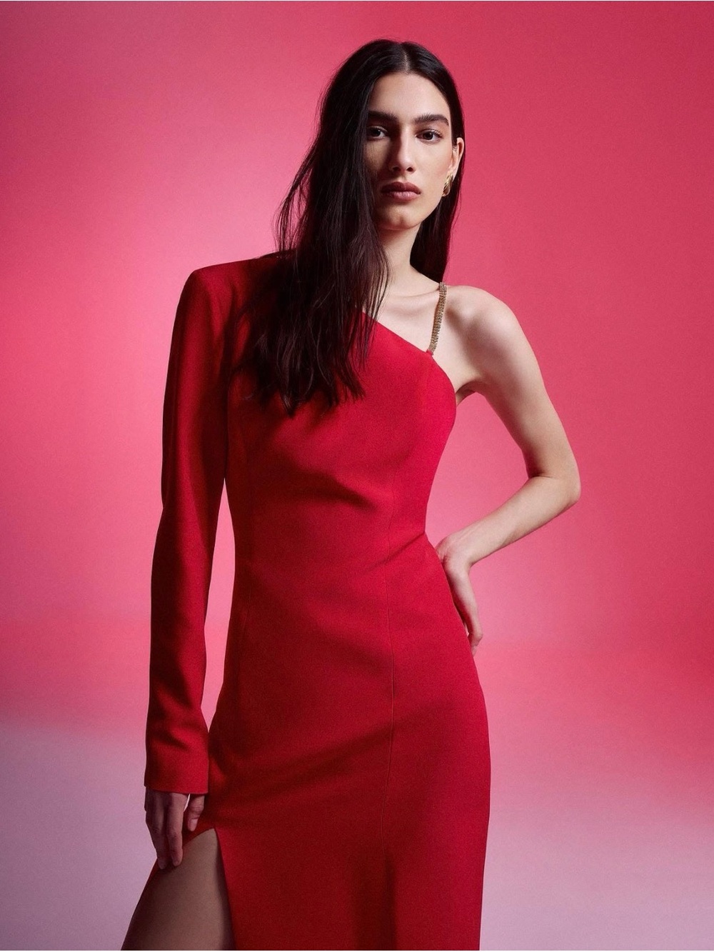 BCBGMaxAzria One-Shoulder Red Gown with High Thigh Slit - Picture 2 of 2